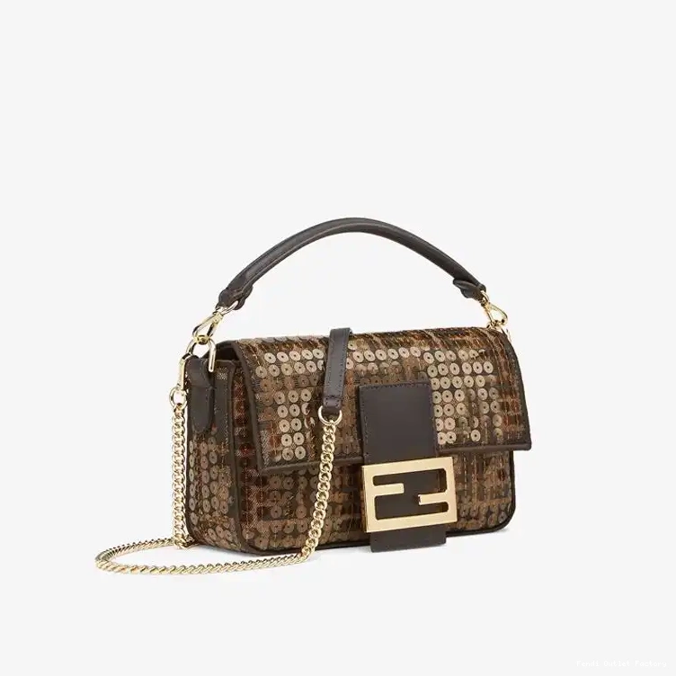 Cheap HOT Sequins Fabric Motif Fendi FF Baguette with Bag Brown Mini In 0522